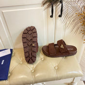 PRADA 26S DOUBLE STRAP SANDALS CHUNKY SOLE IN DARK BROWN SUEDE WITH LOGO