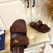 PRADA 26S DOUBLE STRAP SANDALS CHUNKY SOLE IN DARK BROWN SUEDE WITH LOGO