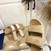 PRADA 26S DOUBLE STRAP SANDALS CHUNKY SOLE IN BEIGE SUEDE WITH LOGO