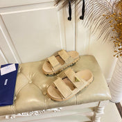 PRADA 26S DOUBLE STRAP SANDALS CHUNKY SOLE IN BEIGE SUEDE WITH LOGO