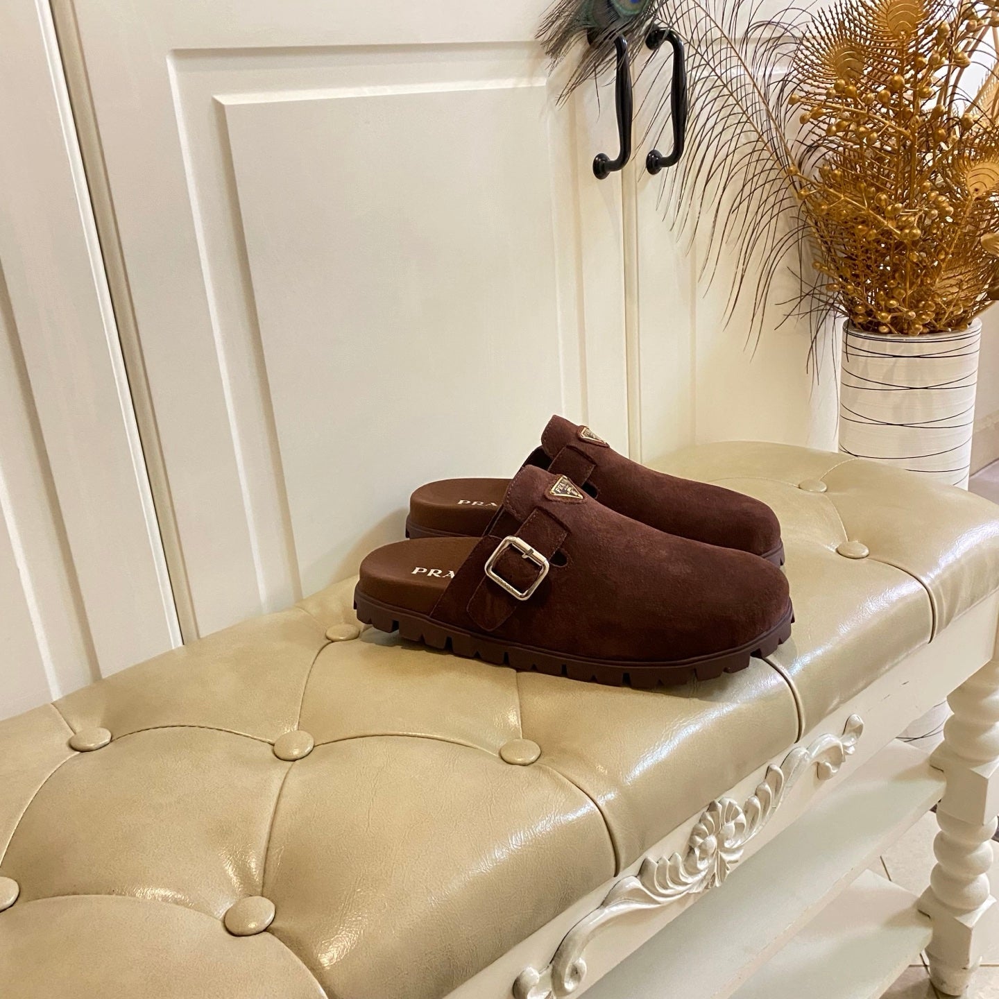 PRADA 26S BUCKLE CLOG SANDALS CHUNKY SOLE IN DARK BROWN SUEDE