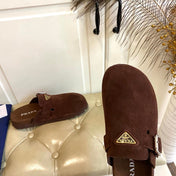 PRADA 26S BUCKLE CLOG SANDALS CHUNKY SOLE IN DARK BROWN SUEDE
