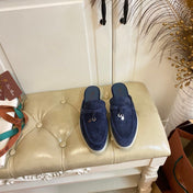 LP 26S LOCK CHARM MULES IN NAVY BLUE SUEDE GOLD HARDWARE