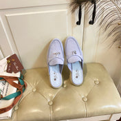 LP 26S LOCK CHARM MULES IN LIGHT PURPLE SUEDE GOLD HARDWARE