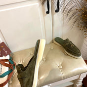 LP 26S LOCK CHARM MULES IN DARK OLIVE GREEN SUEDE GOLD HARDWARE