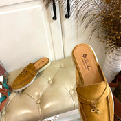 LP 26S LOCK CHARM MULES IN HONEY YELLOW SUEDE GOLD HARDWARE
