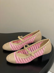 HIGH BALLET MARY JANE 50MM IN NATURAL BEIGE AND PINK RAFFIA