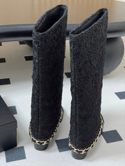 CC FLORAL BOOTS 60MM IN BLACK CALFSKIN WITH GOLD CHAIN