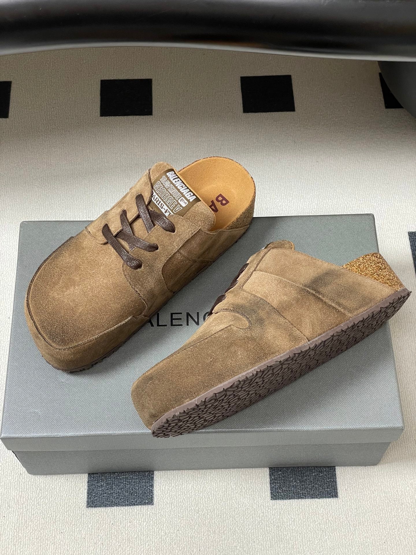 BALENCIAGA 25S MULES BIRKENSTOCK IN CARAMEL BROWN SUEDE