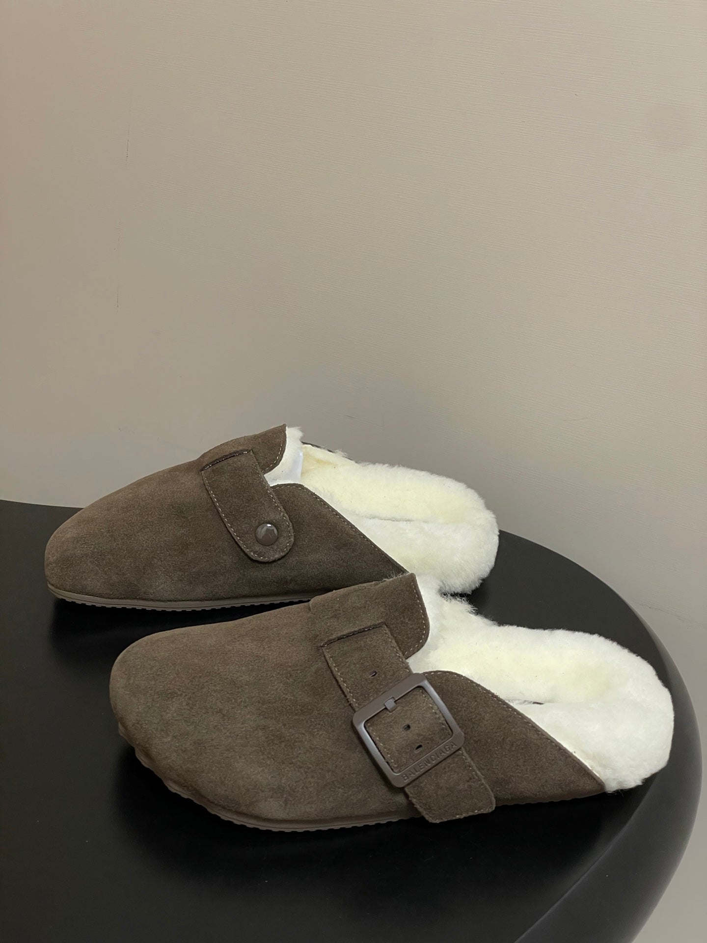 BALENCIAGA 25S FUR-LINED MULES IN DARK EARTH BROWN FAUX LEATHER