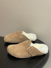 BALENCIAGA 25S FUR-LINED MULES IN LIGHT BROWN FAUX LEATHER