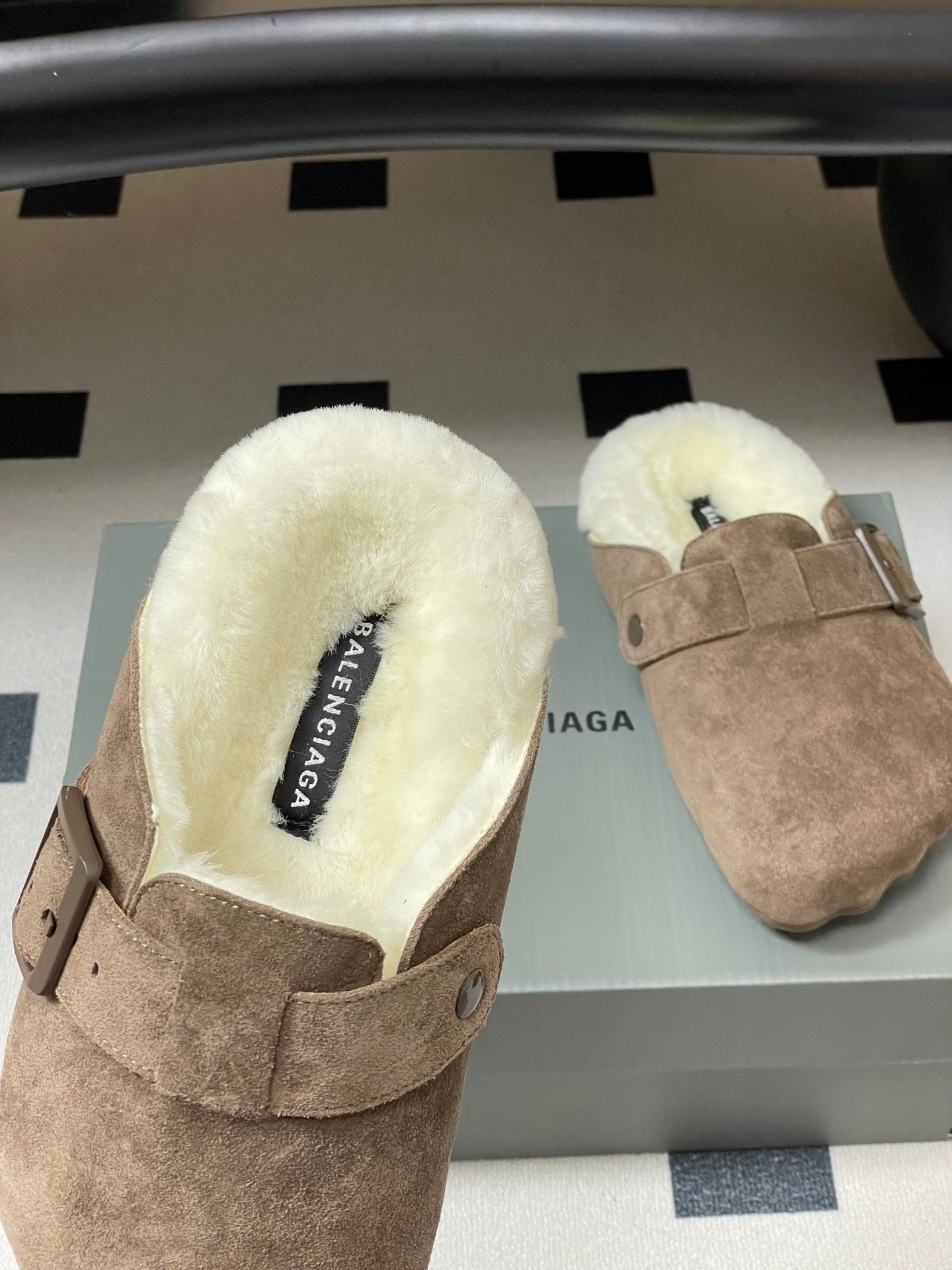 BALENCIAGA 25S FUR-LINED MULES IN EARTH BROWN FAUX LEATHER