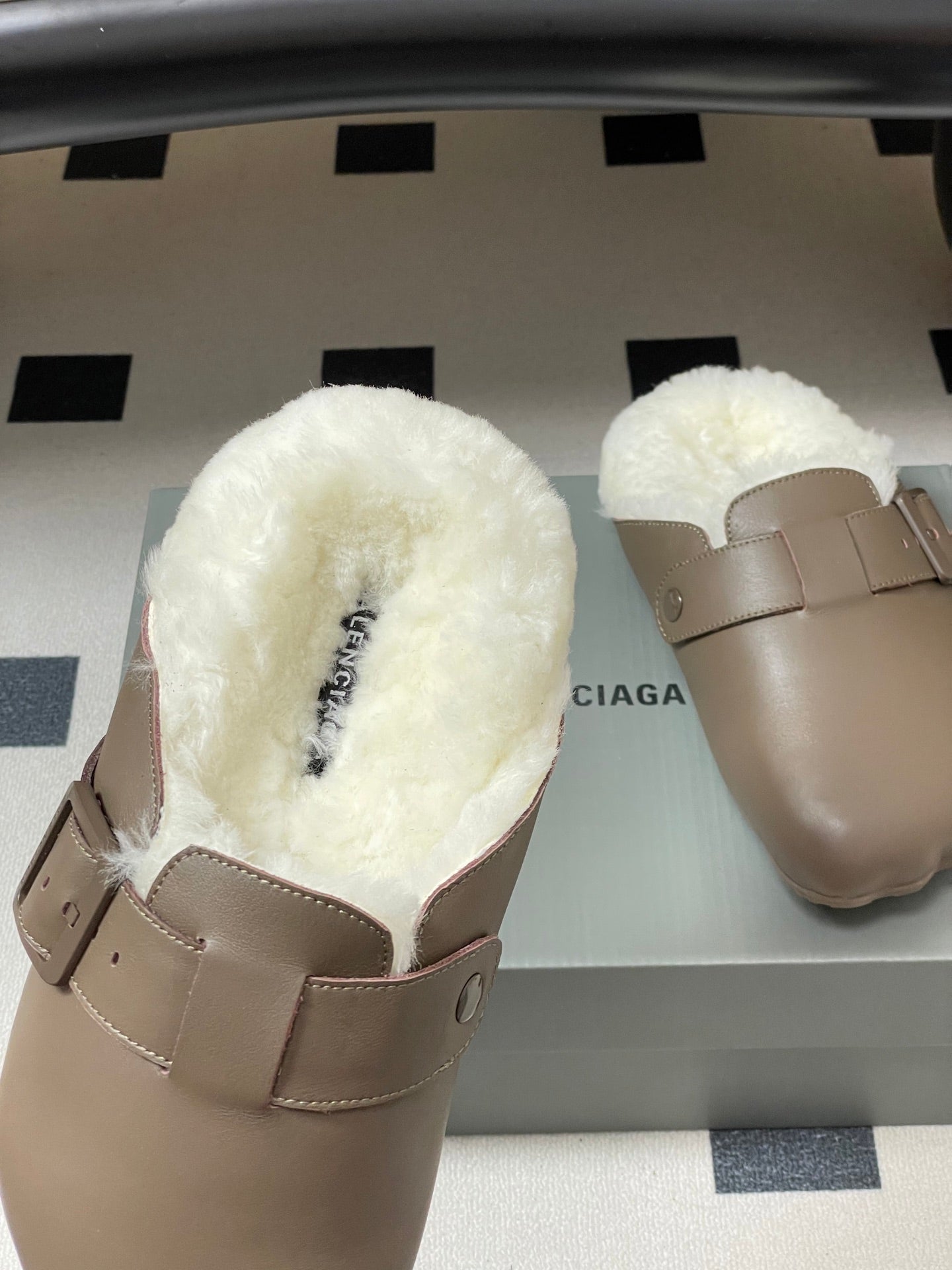 BALENCIAGA 25S FUR-LINED MULES IN TAUPE GRAY FAUX LEATHER