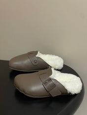 BALENCIAGA 25S FUR-LINED MULES IN TAUPE GRAY FAUX LEATHER