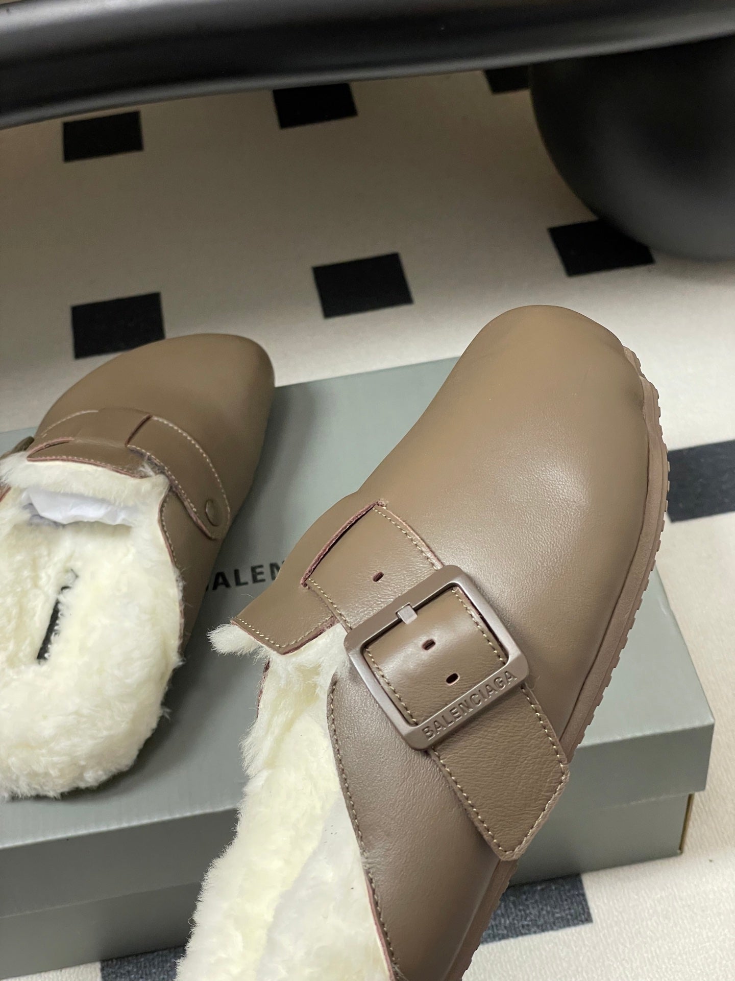 BALENCIAGA 25S FUR-LINED MULES IN TAUPE GRAY FAUX LEATHER
