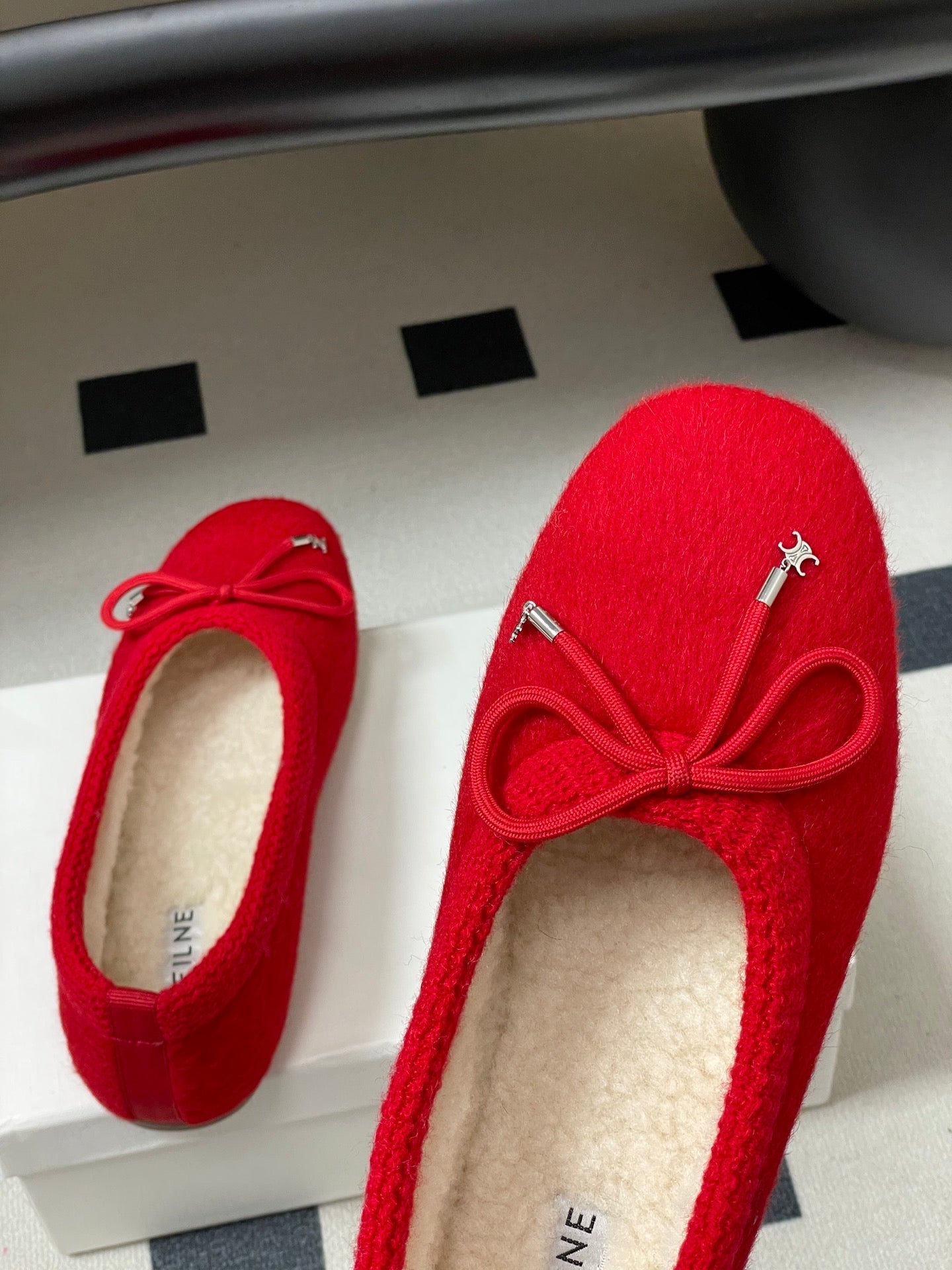 CELINE 26S BALLET FLATS IN RED WOOL WITH BOW STYLE 3