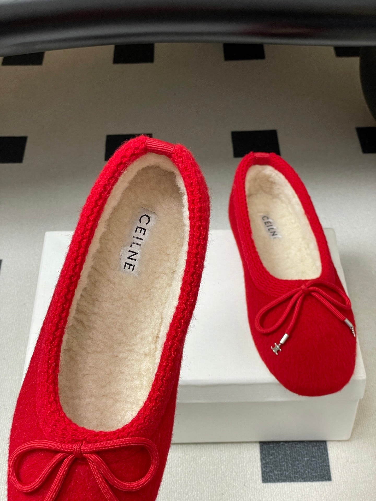 CELINE 26S BALLET FLATS IN RED WOOL WITH BOW STYLE 3