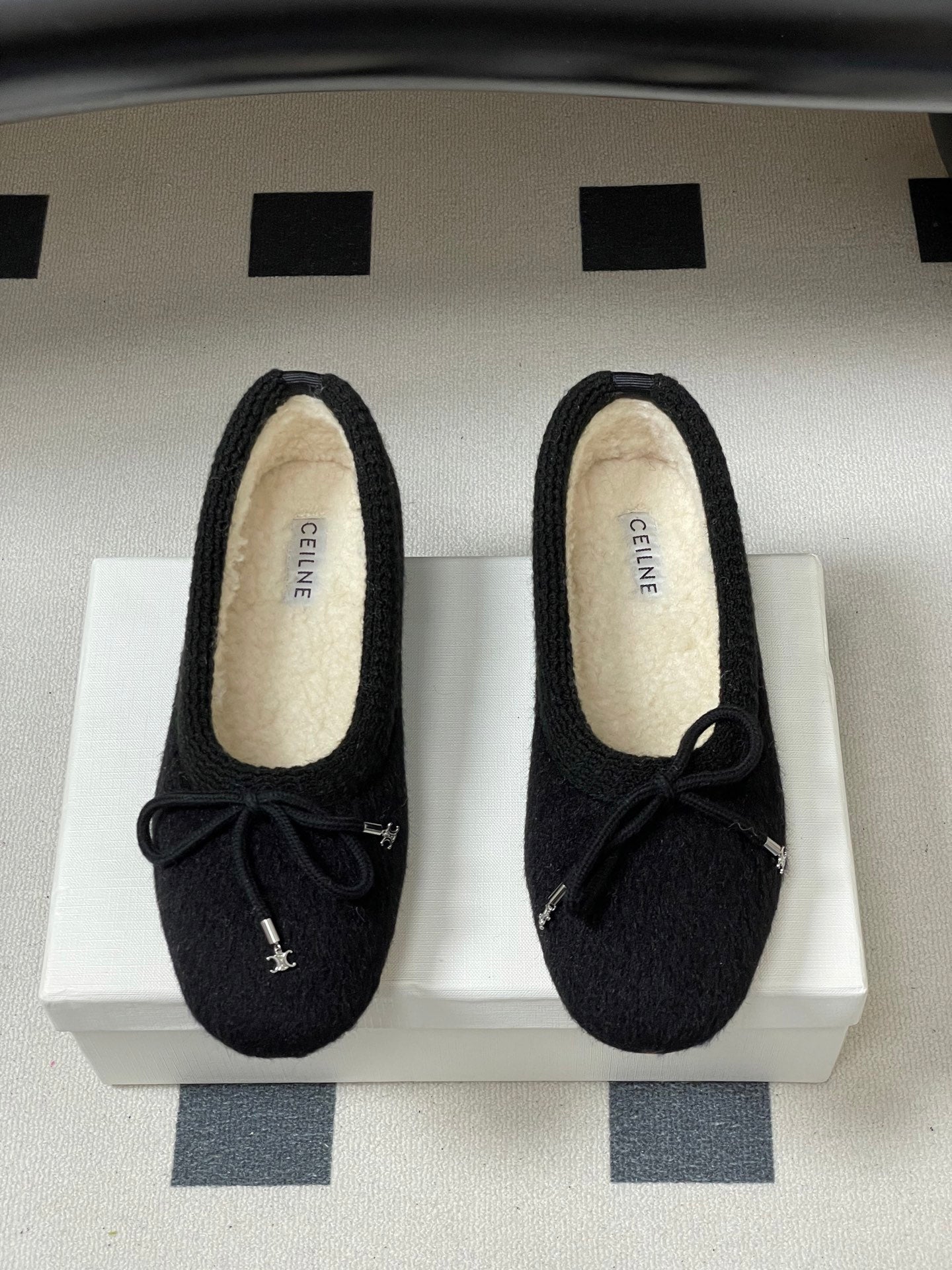 CELINE 26S BALLET FLATS IN BLACK WOOL WITH BOW STYLE 1
