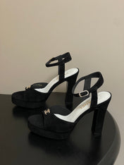CHANEL 26S HIGH HEEL SANDALS 120 MM IN BLACK SUEDE