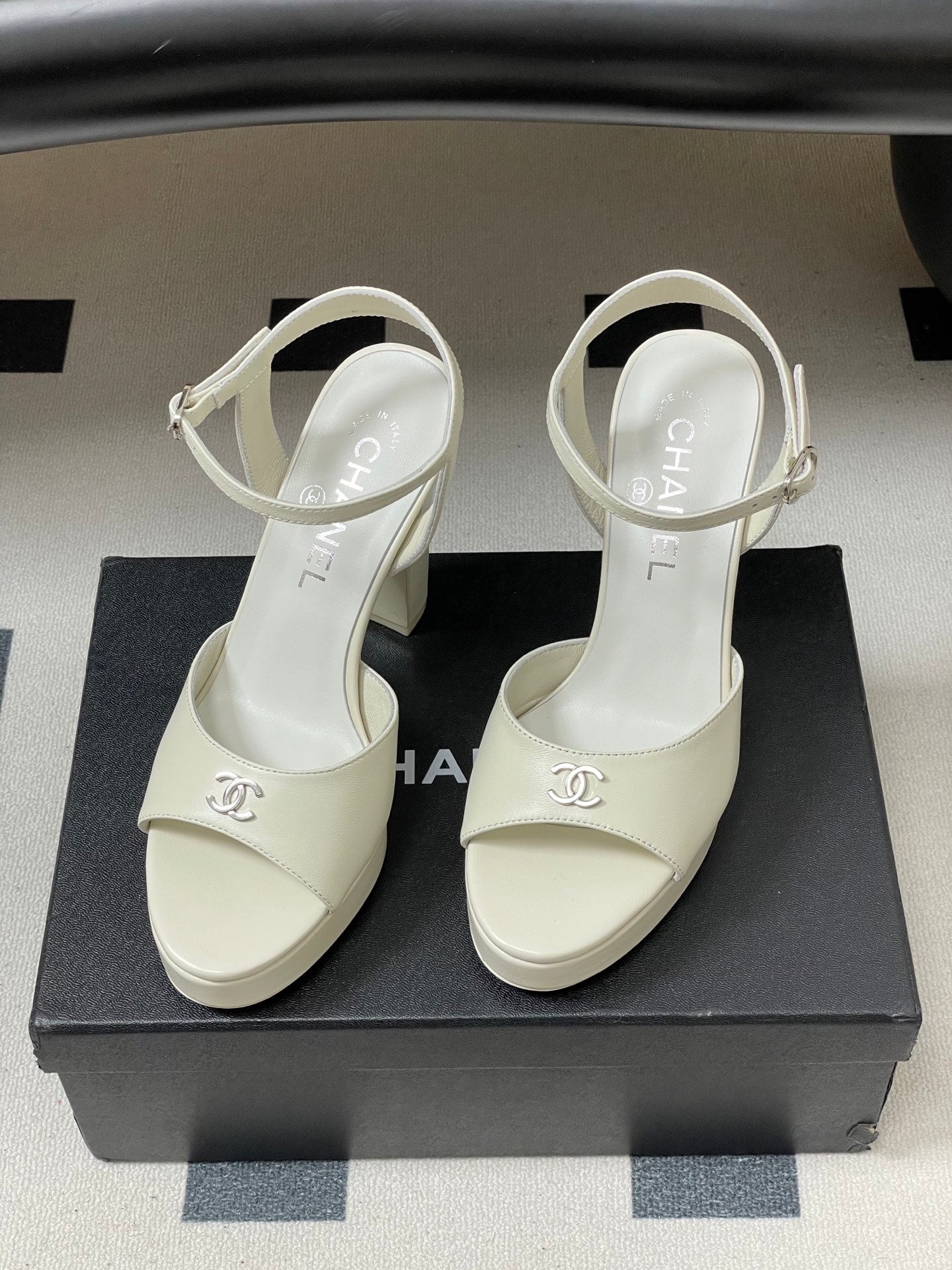CHANEL 26S HIGH HEEL SANDALS 120 MM IN CREAM WHITE LAMBSKIN
