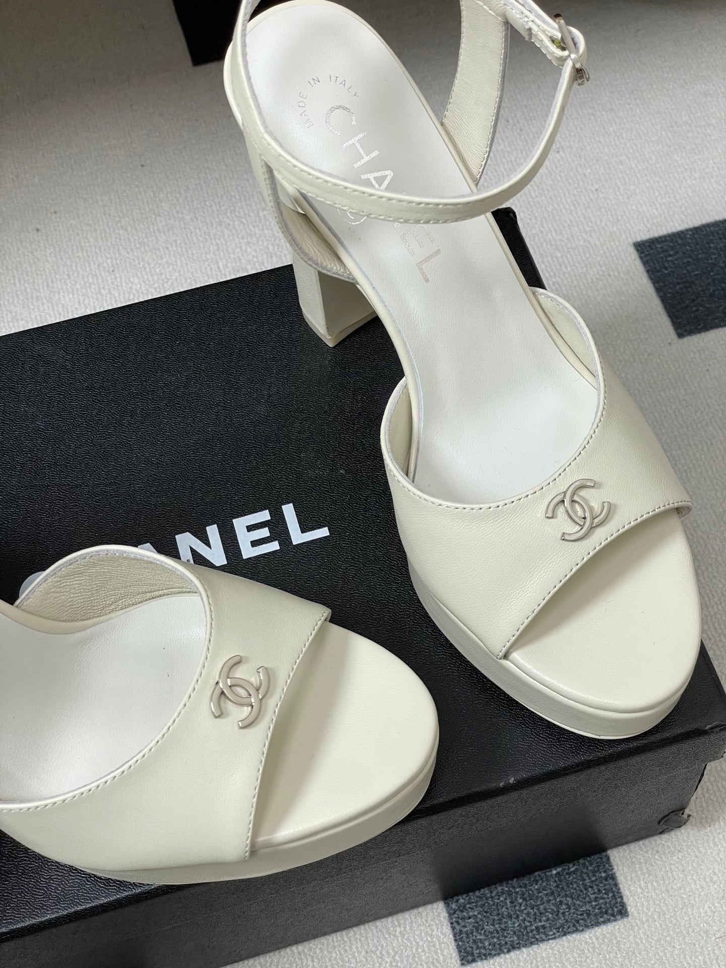 CHANEL 26S HIGH HEEL SANDALS 120 MM IN CREAM WHITE LAMBSKIN