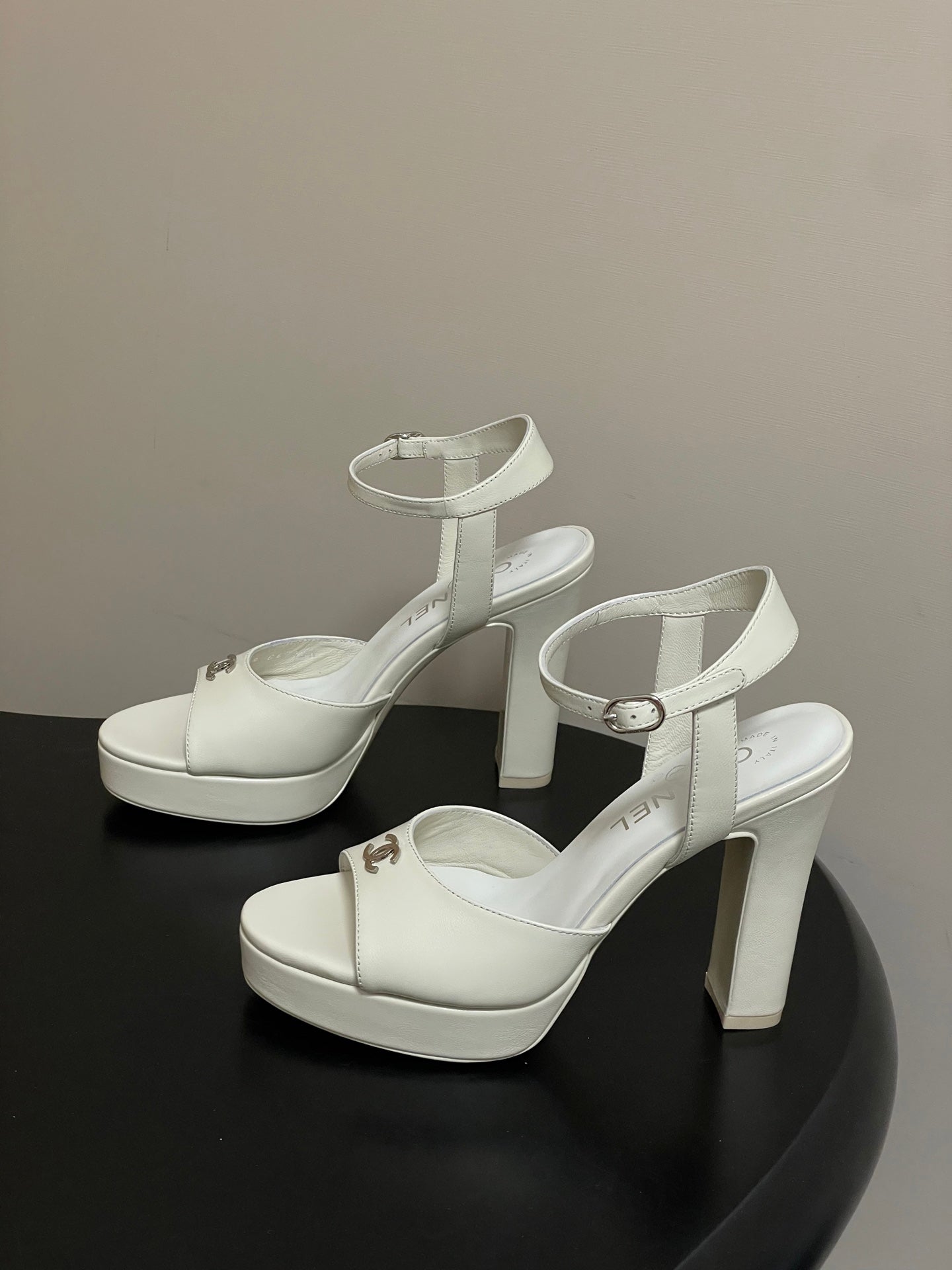 CHANEL 26S HIGH HEEL SANDALS 120 MM IN CREAM WHITE LAMBSKIN