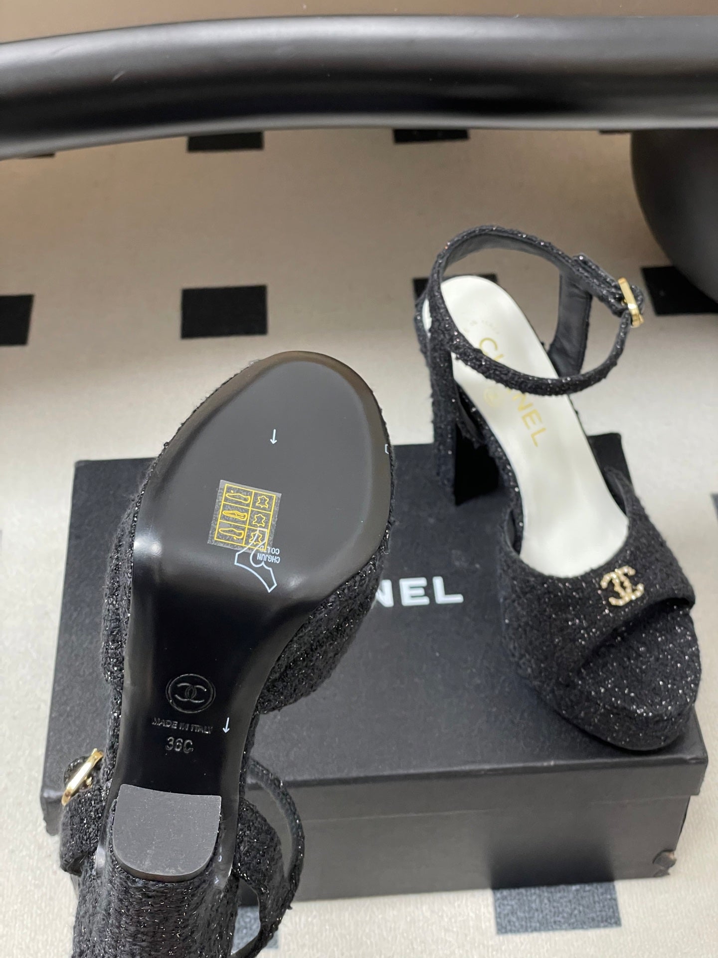 CHANEL 26S HIGH HEEL SANDALS 120 MM IN BLACK TWEED
