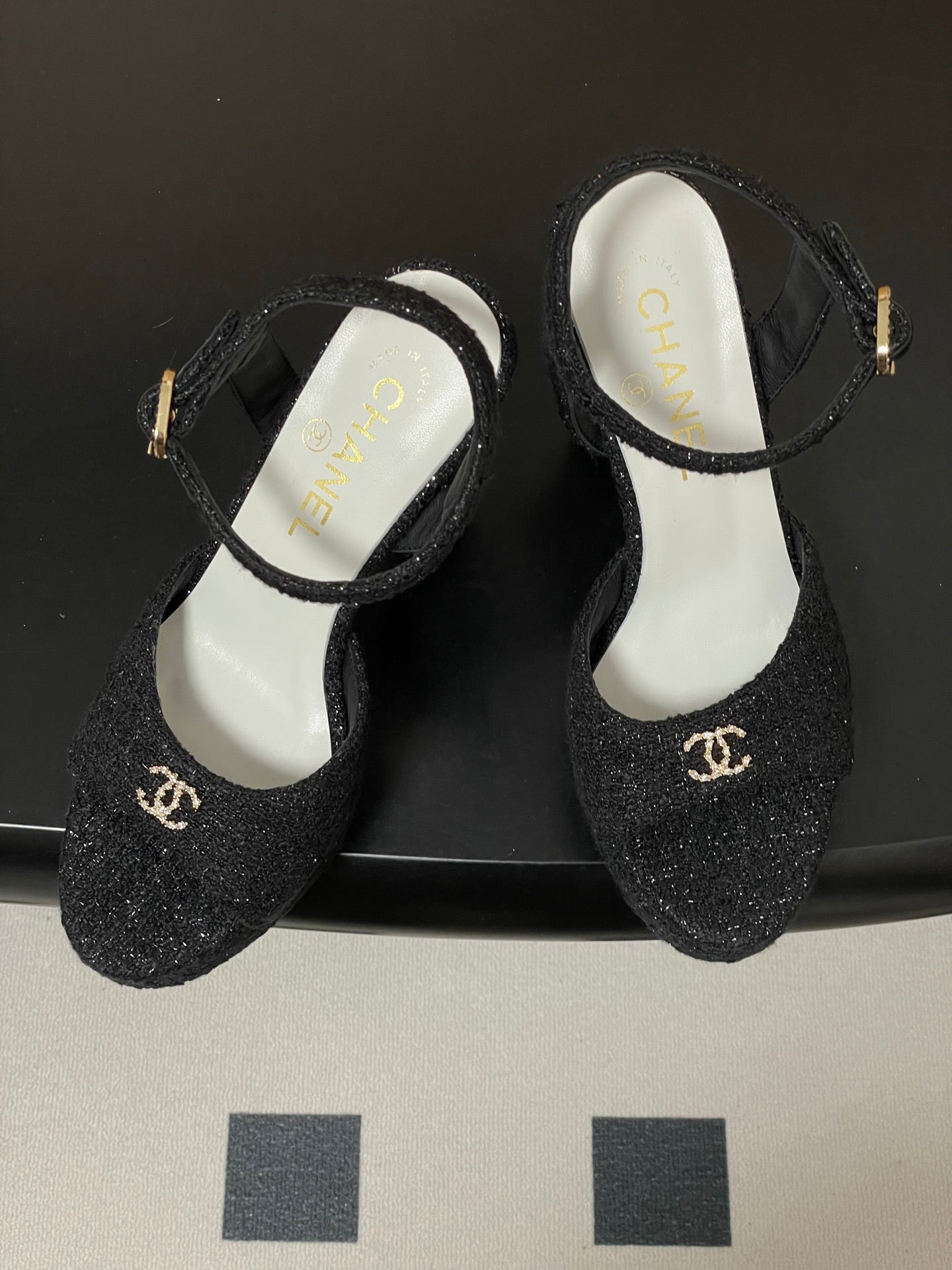 CHANEL 26S HIGH HEEL SANDALS 120 MM IN BLACK TWEED