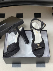 CHANEL 26S HIGH HEEL SANDALS 120 MM IN BLACK TWEED