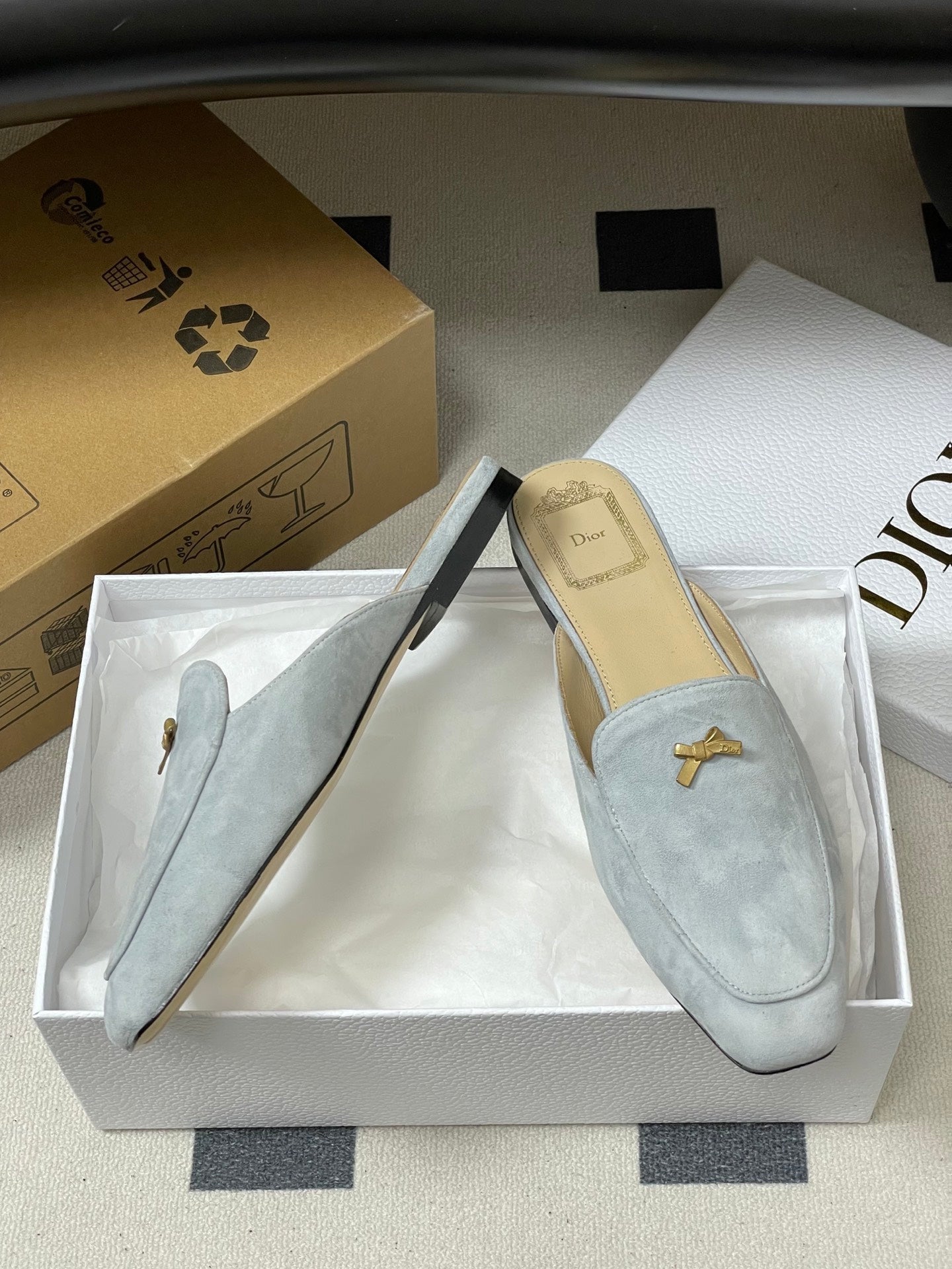 DIOR 26S MULES IN LIGHT BLUE GRAY SUEDE WITH BOW