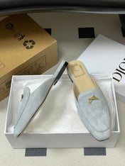 DIOR 26S MULES IN LIGHT BLUE GRAY SUEDE WITH BOW