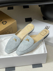 DIOR 26S MULES IN LIGHT BLUE GRAY SUEDE WITH BOW