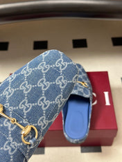 GUCCI 26S HORSEBIT LOAFER MULES IN BLUE DENIM