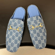 GUCCI 26S HORSEBIT LOAFER MULES IN BLUE DENIM