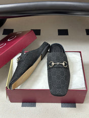 GUCCI 26S HORSEBIT LOAFER MULES IN BLACK CANVAS