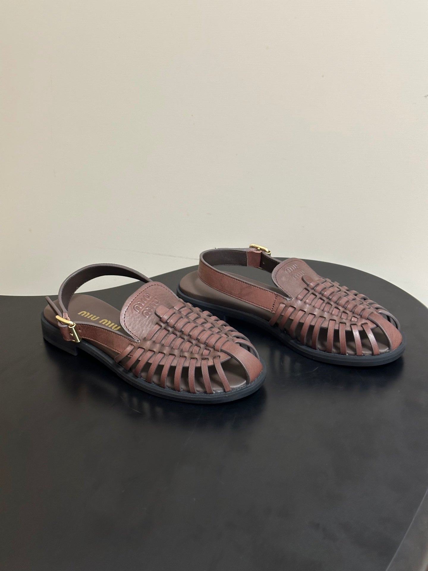 MIUMIU 26S SLINGBACK FISHERMAN SANDALS IN DARK BROWN CALFSKIN