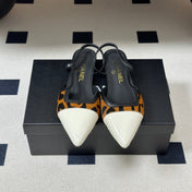 CHANEL 26S POINTED TOE SLINGBACKS IN BROWN PONY HAIR AND WHITE LAMBSKIN