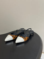 CHANEL 26S POINTED TOE SLINGBACKS IN BROWN PONY HAIR AND WHITE LAMBSKIN