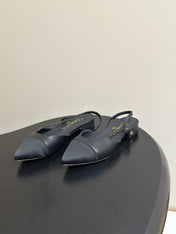 CHANEL 26S POINTED TOE SLINGBACKS IN BLACK LAMBSKIN AND FABRIC