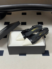 CHANEL 26S POINTED TOE SLINGBACKS IN BLACK MIX WHITE LAMBSKIN