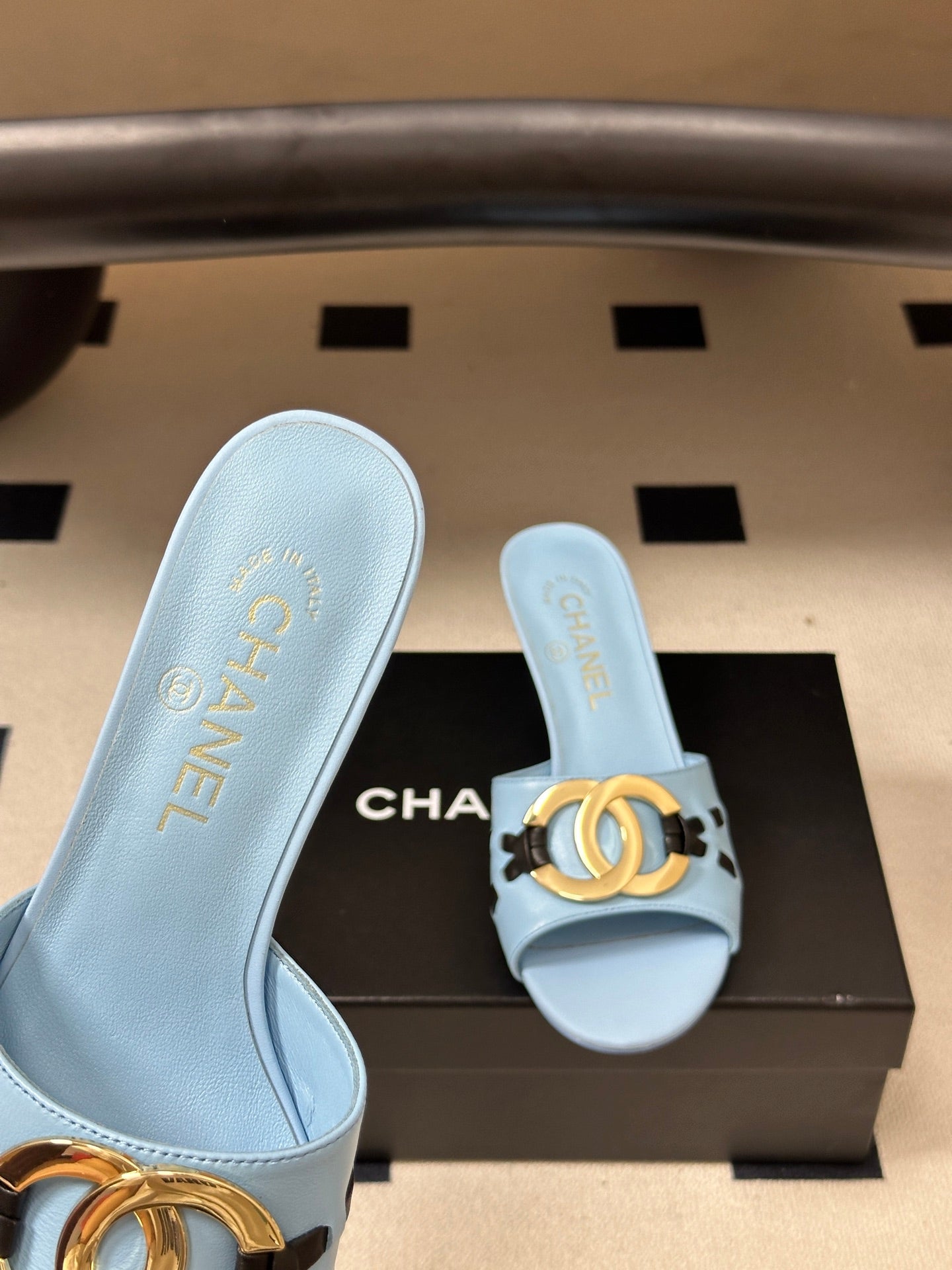 CHANEL 26S HIGH HEEL MULE IN LIGHT BLUE LAMBSKIN WITH GOLD TONE CC LOGO