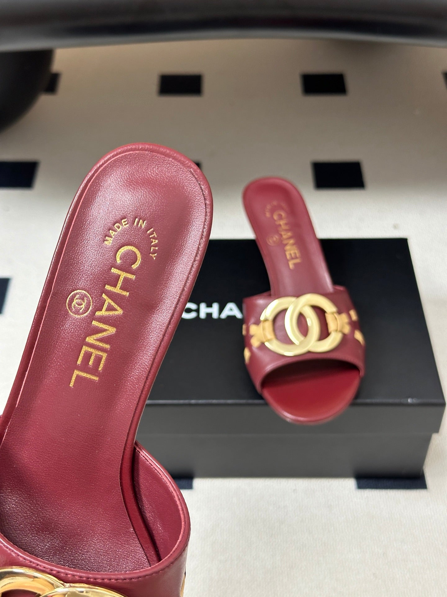 CHANEL 26S HIGH HEEL MULE IN RED LAMBSKIN WITH GOLD TONE CC LOGO