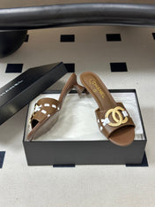 CHANEL 26S HIGH HEEL MULE IN BROWN LAMBSKIN WITH GOLD TONE CC LOGO