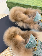 HORSEBIT MULE IN TURQUOISE MONOGRAM VELVET AND LAMB WOOL LINING