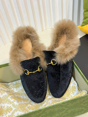 HORSEBIT MULE IN BLACK MONOGRAM VELVET AND LAMB WOOL LINING