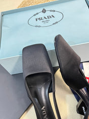 PRA SQUARE TOE SLINGBACK PUMPS BLACK SATIN