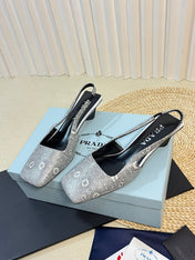 PRA SQUARE TOE SLINGBACK PUMPS PALE SNAKESKIN MOTIF SATIN