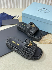 PRA CROCHET FLATFORM SLIDES BLACK RAFFIA