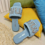 Women's Sky Blue Leather Diamond Slippers
