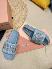 Sky Blue Sheepskin Diamond Slippers